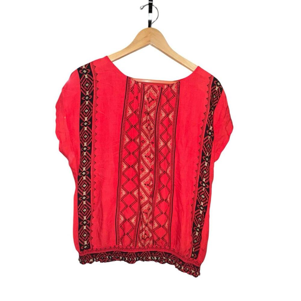 APT. 9 Red Boho Embroidered Top Elastic Hem Short Sleeve Blouse Women’s M
